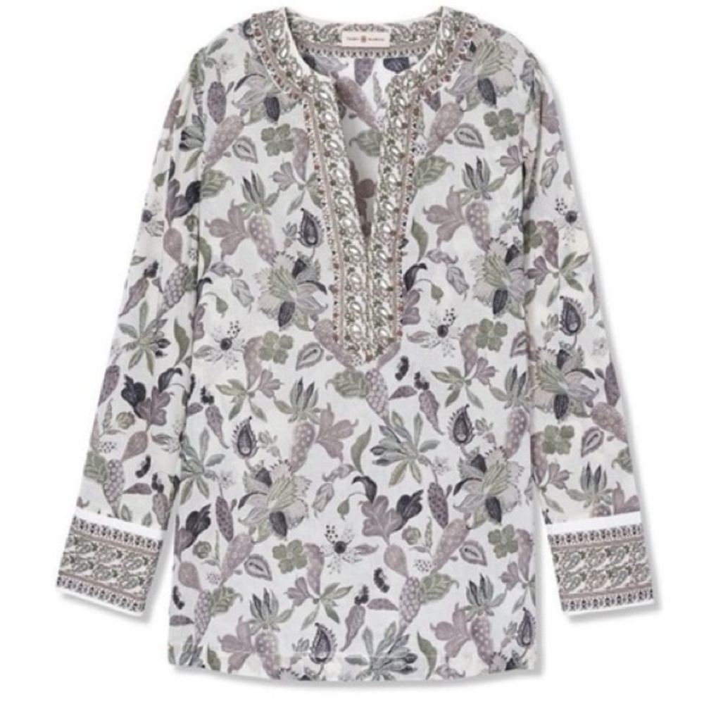 Tory Burch Embellished Botanical Print Tunic Blouse